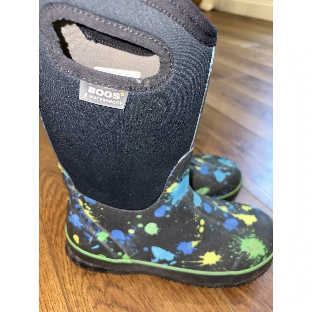 BOGS kid youth size 4 shoe blue tall insulated waterproof boots Paint Splat Boy